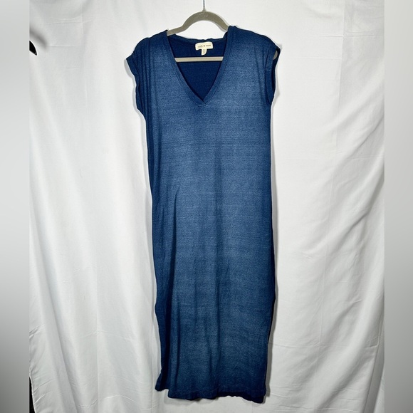 Cloth & Stone Cotton V-Neck Midi Tee Dress Side Slits XS Indigo Blue - Picture 3 of 9